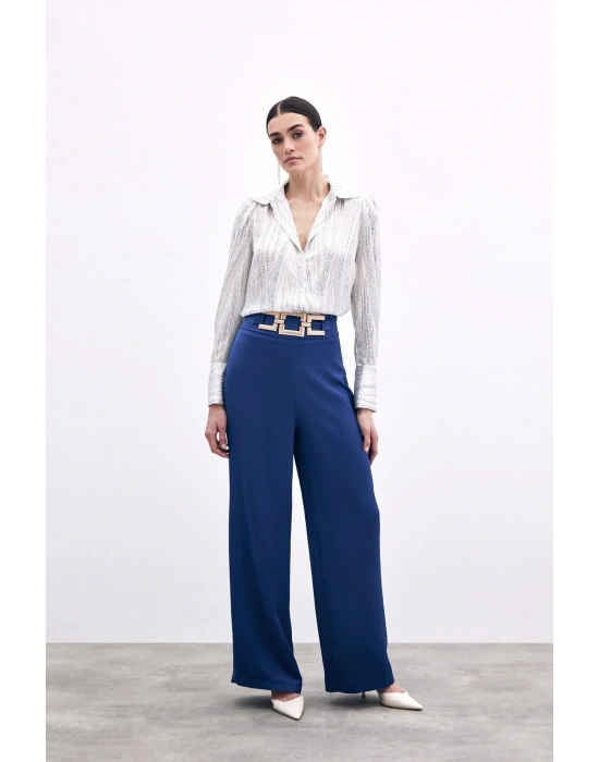 Bel Kemerli Saten Krep Pantolon - Lacivert