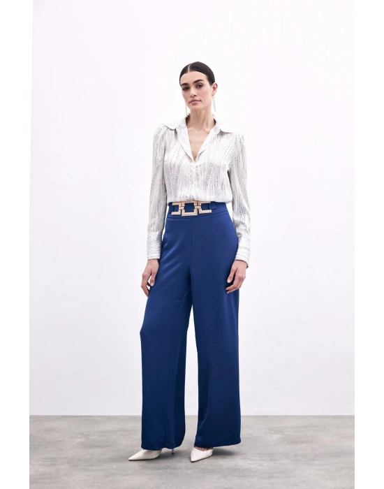 Bel Kemerli Saten Krep Pantolon - Lacivert