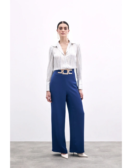 Bel Kemerli Saten Krep Pantolon - Lacivert