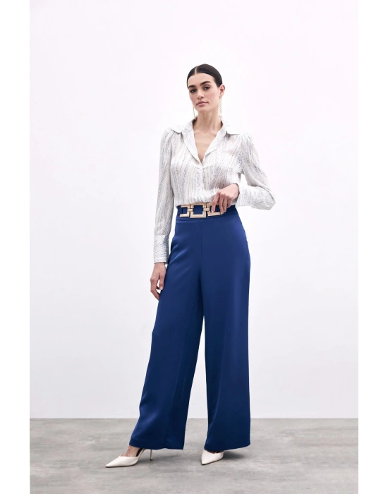 Bel Kemerli Saten Krep Pantolon - Lacivert