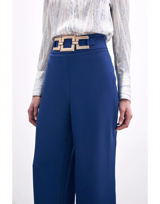 Bel Kemerli Saten Krep Pantolon - Lacivert
