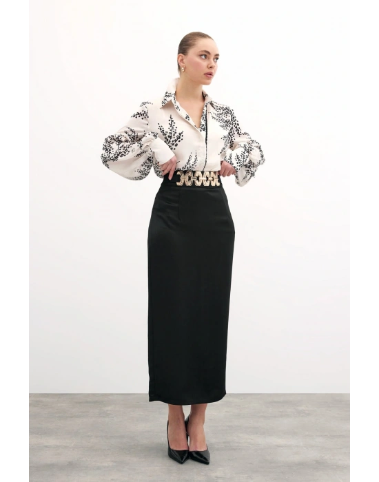 Gold Aksesuarlı Uzun Etek - Siyah