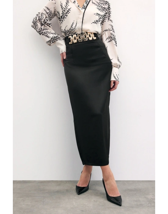 Gold Aksesuarlı Uzun Etek - Siyah