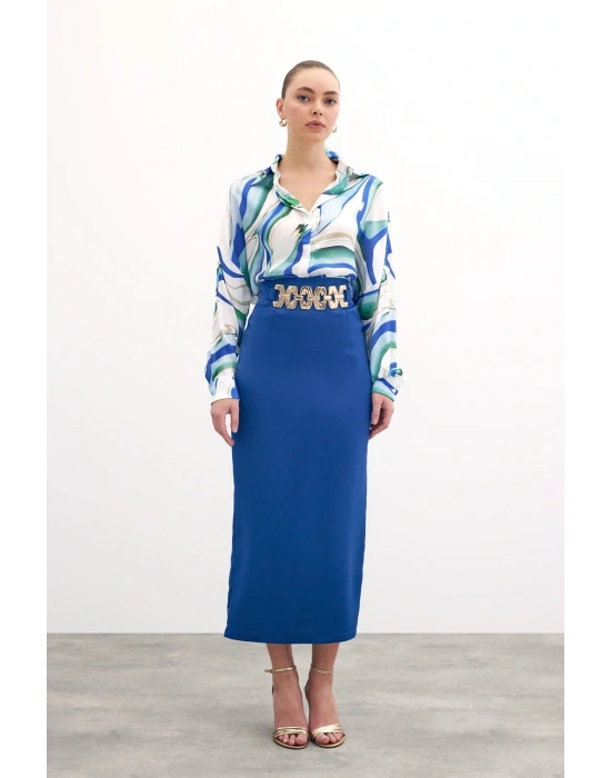 Gold Aksesuarlı Uzun Etek - Sax Mavi