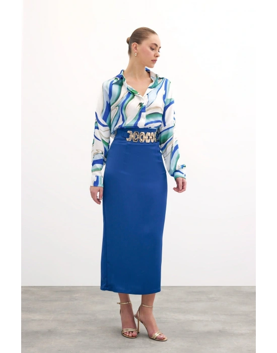 Gold Aksesuarlı Uzun Etek - Sax Mavi