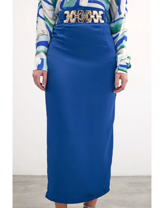 Gold Aksesuarlı Uzun Etek - Sax Mavi