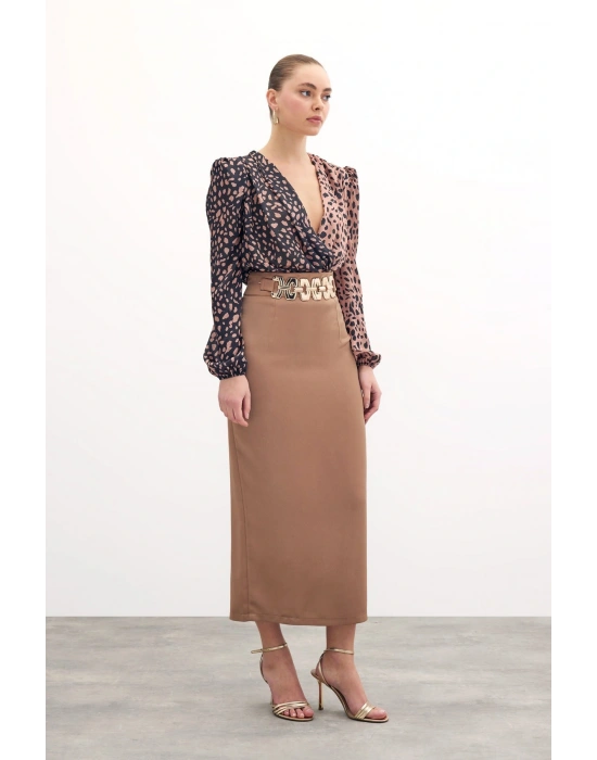 Gold Aksesuarlı Uzun Etek - Vizon