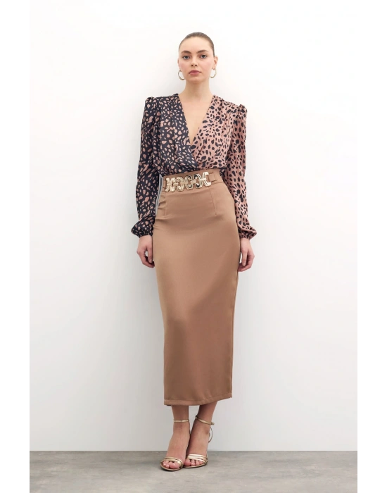 Gold Aksesuarlı Uzun Etek - Vizon