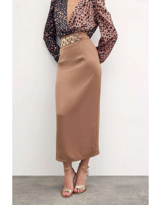 Gold Aksesuarlı Uzun Etek - Vizon