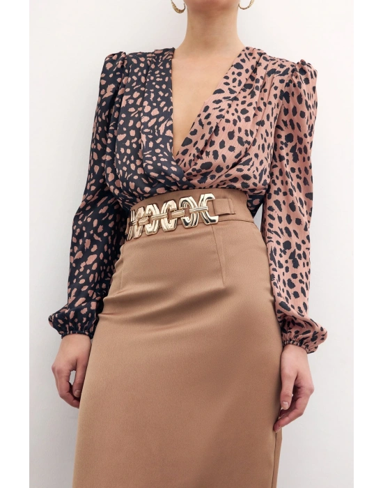 Gold Aksesuarlı Uzun Etek - Vizon