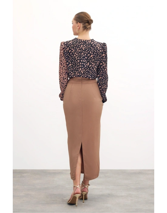 Gold Aksesuarlı Uzun Etek - Vizon