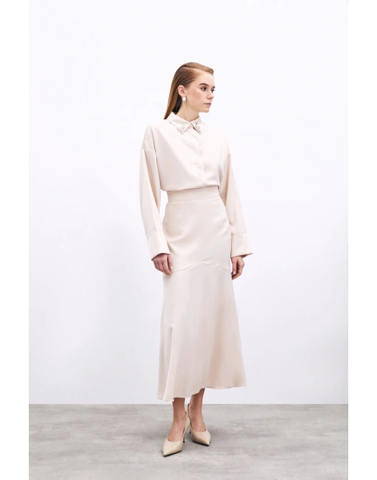Kesik Detaylı Saten Etek - Bej