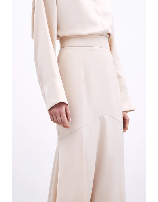 Kesik Detaylı Saten Etek - Bej