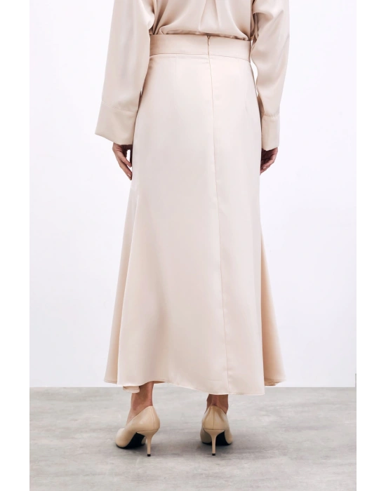 Kesik Detaylı Saten Etek - Bej