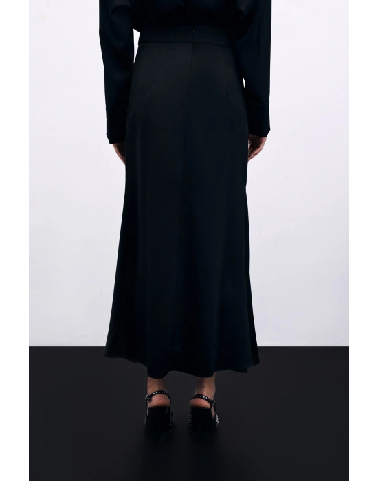 Kesik Detaylı Saten Etek - Siyah