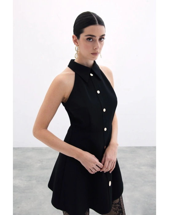 Çıt Çıtlı Kısa Elbise - Siyah