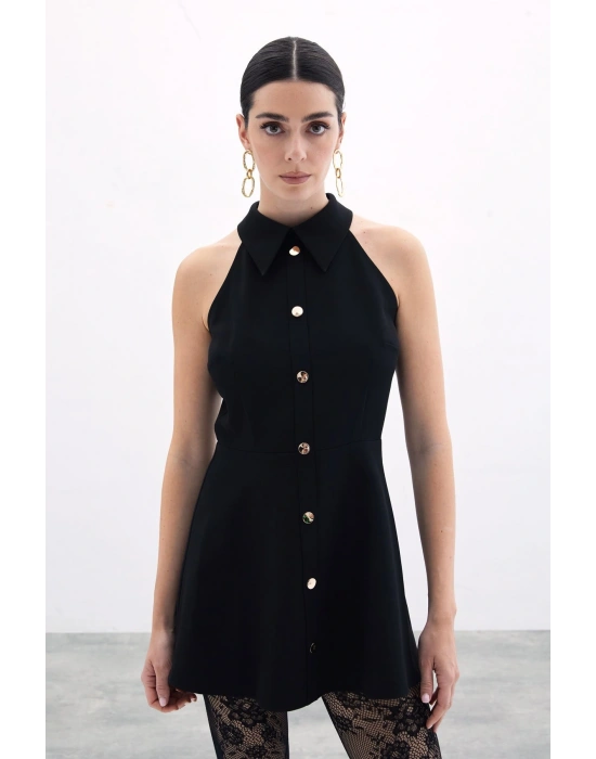 Çıt Çıtlı Kısa Elbise - Siyah