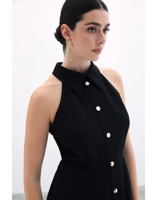 Çıt Çıtlı Kısa Elbise - Siyah