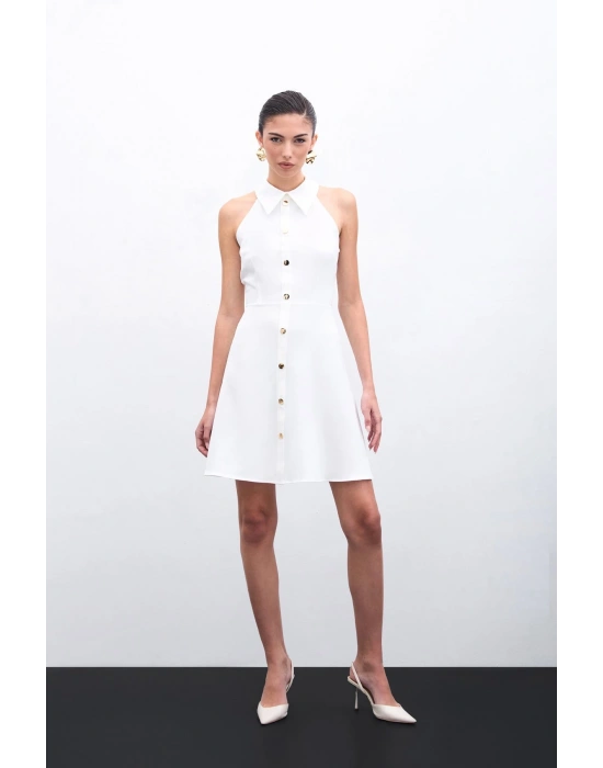 ÇıtÇıtlı Kısa Elbise - Ekru