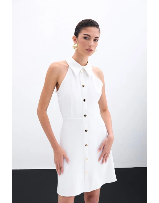 ÇıtÇıtlı Kısa Elbise - Ekru