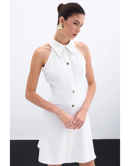 ÇıtÇıtlı Kısa Elbise - Ekru