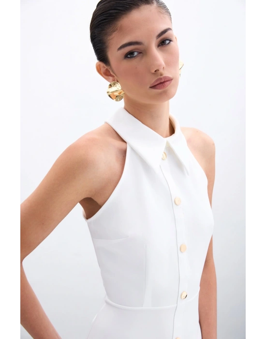 ÇıtÇıtlı Kısa Elbise - Ekru