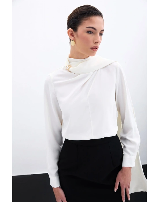 Şal Detaylı Bluz - Ekru