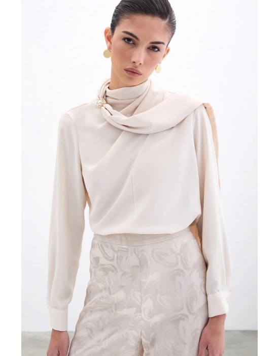 Şal Detaylı Bluz - Bej