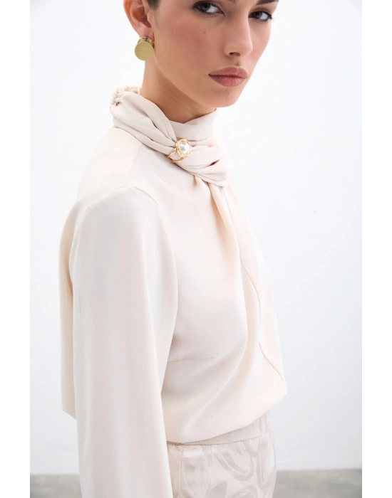 Şal Detaylı Bluz - Bej