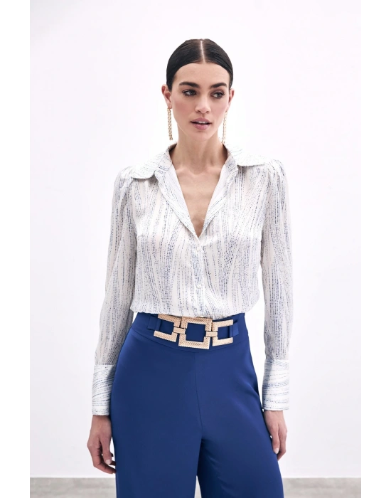 Geniş Manşetli Gömlek - Ekru-Mavi