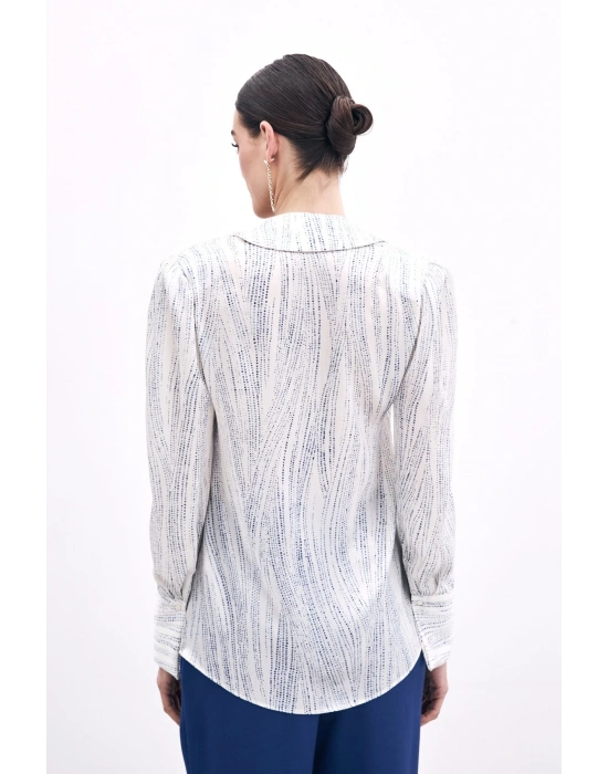 Geniş Manşetli Gömlek - Ekru-Mavi