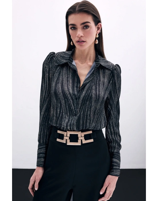 Geniş Manşetli Gömlek - Siyah-Camel