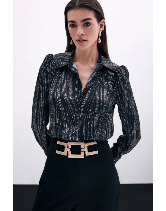 Geniş Manşetli Gömlek - Siyah-Camel