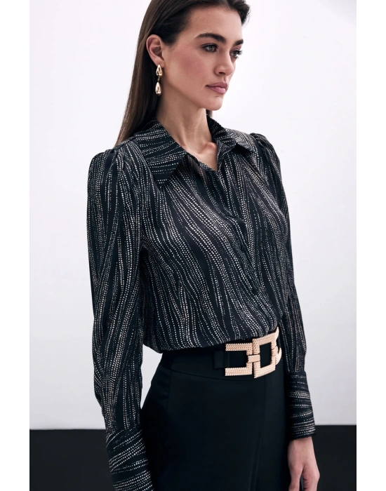 Geniş Manşetli Gömlek - Siyah-Camel