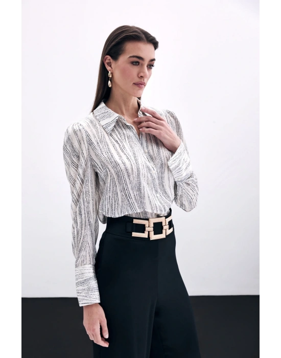 Geniş Manşetli Gömlek - Ekru-Siyah