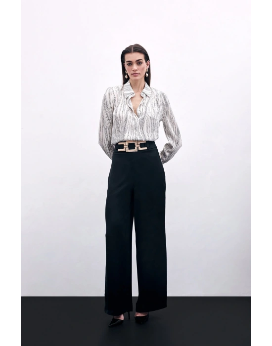 Geniş Manşetli Gömlek - Ekru-Siyah