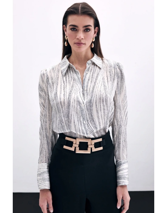 Geniş Manşetli Gömlek - Ekru-Siyah