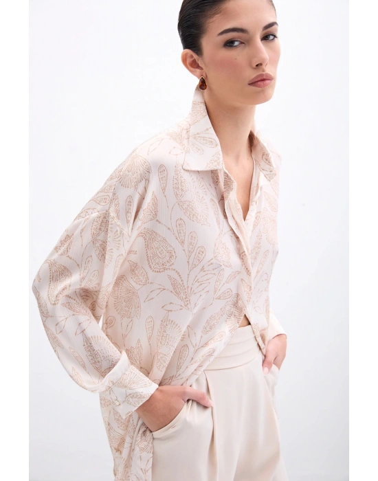 Desenli Saten Gömlek - Bej