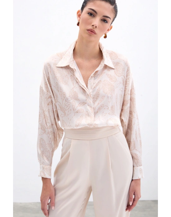 Desenli Saten Gömlek - Bej