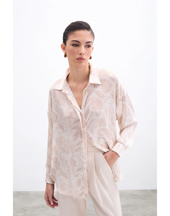 Desenli Saten Gömlek - Bej