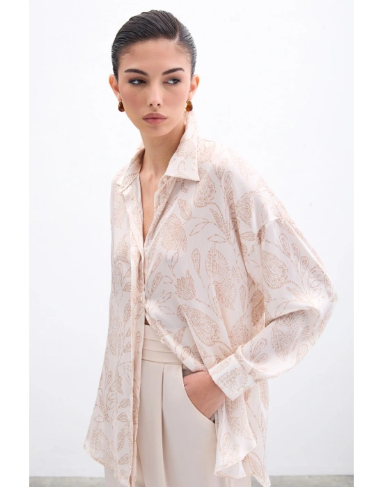 Desenli Saten Gömlek - Bej