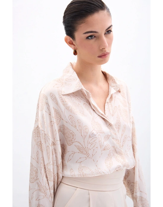 Desenli Saten Gömlek - Bej