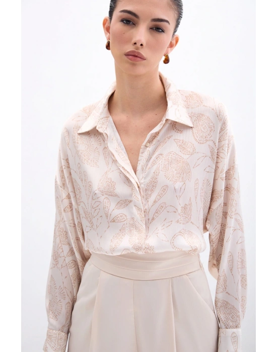 Desenli Saten Gömlek - Bej
