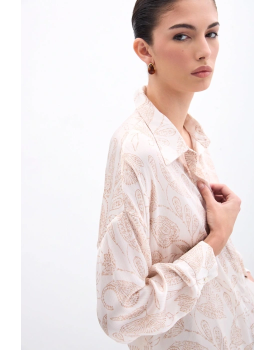Desenli Saten Gömlek - Bej