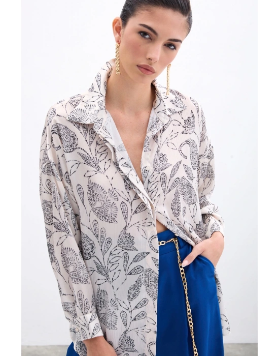 Desenli Saten Gömlek - Ekru