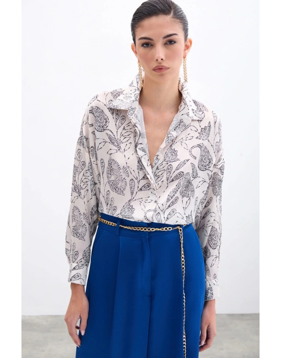 Desenli Saten Gömlek - Ekru