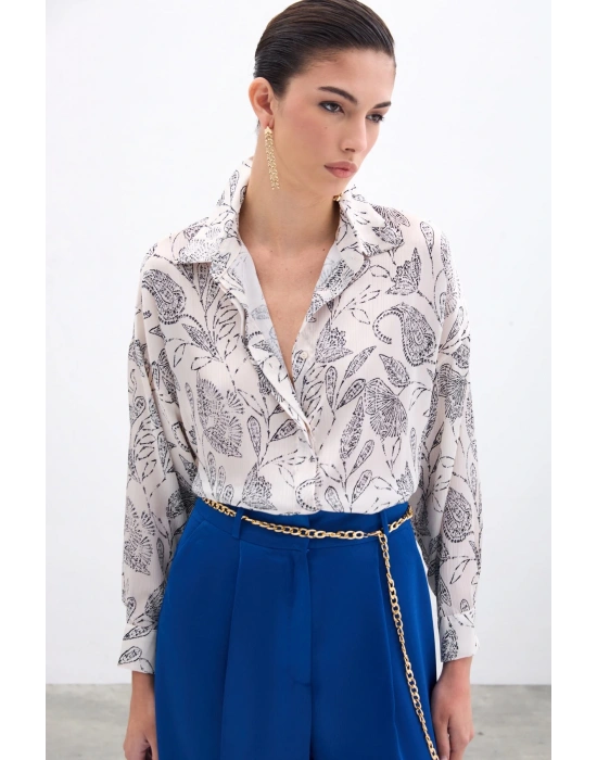 Desenli Saten Gömlek - Ekru