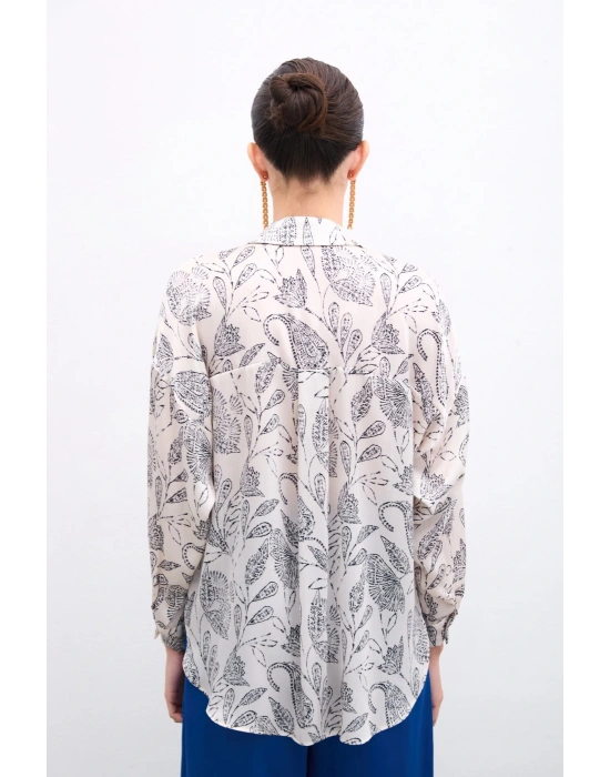 Desenli Saten Gömlek - Ekru
