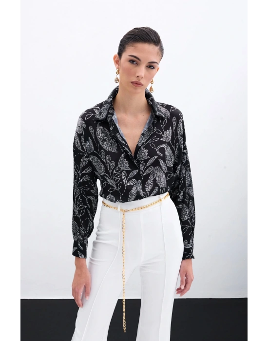 Desenli Saten Gömlek - Siyah