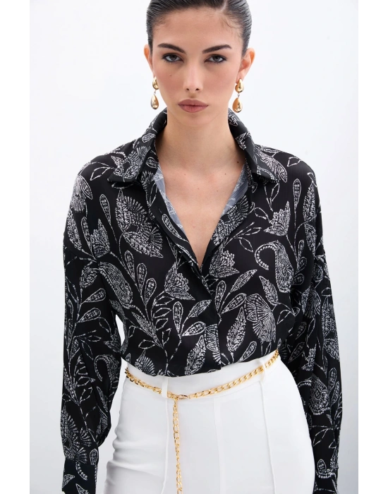 Desenli Saten Gömlek - Siyah